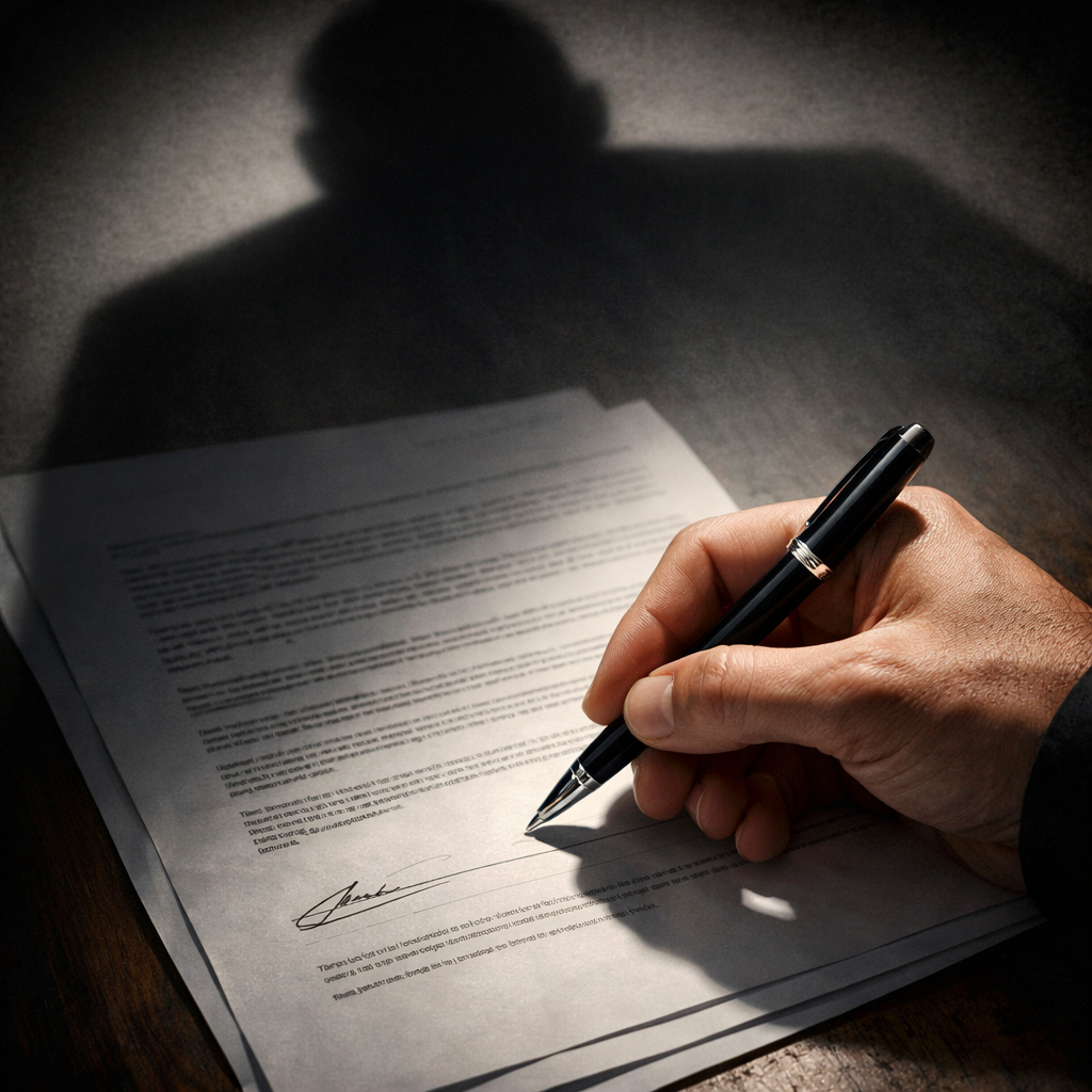 Hand signing a formal document with a pen on table