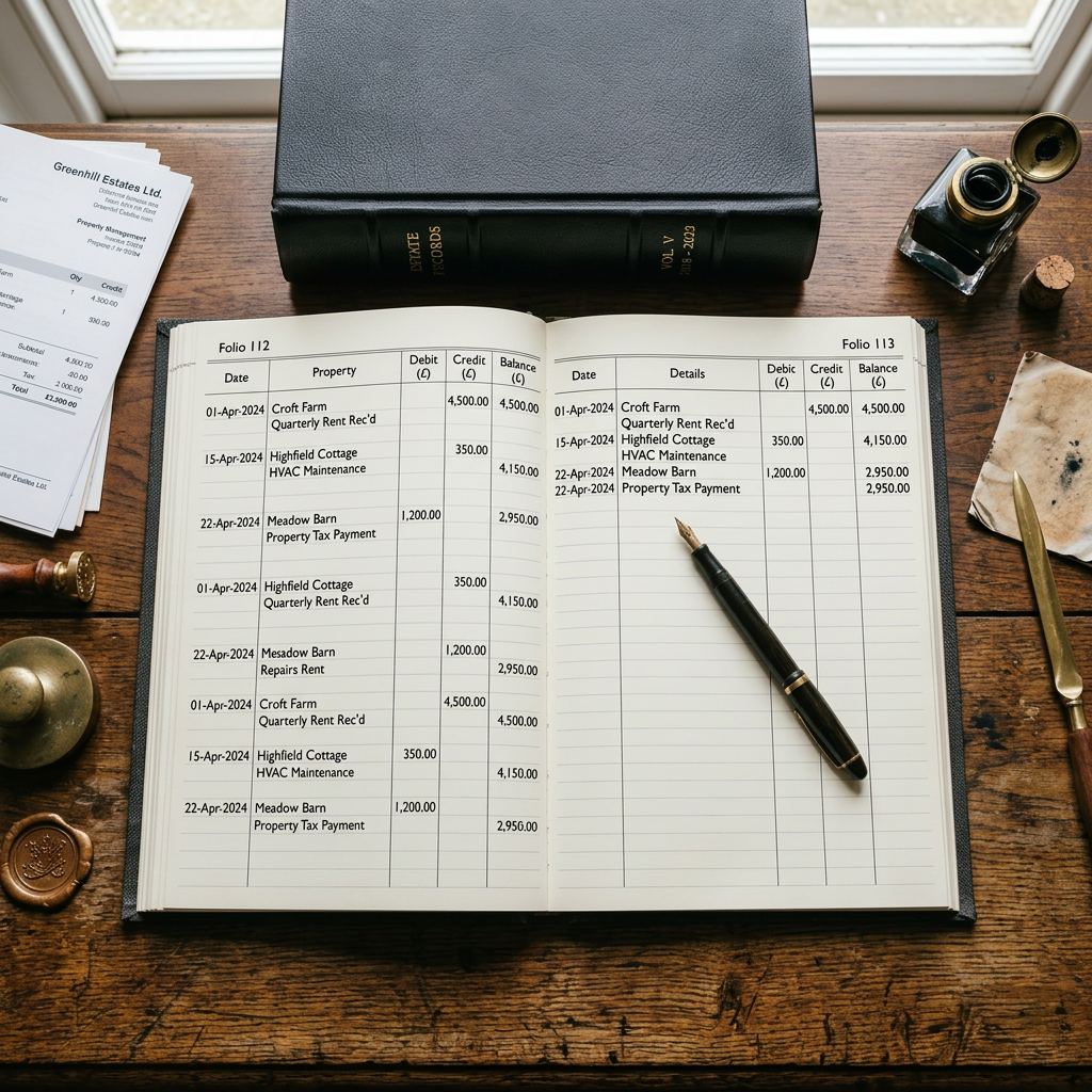 Open vintage ledger book with handwritten financial records and an ink pen