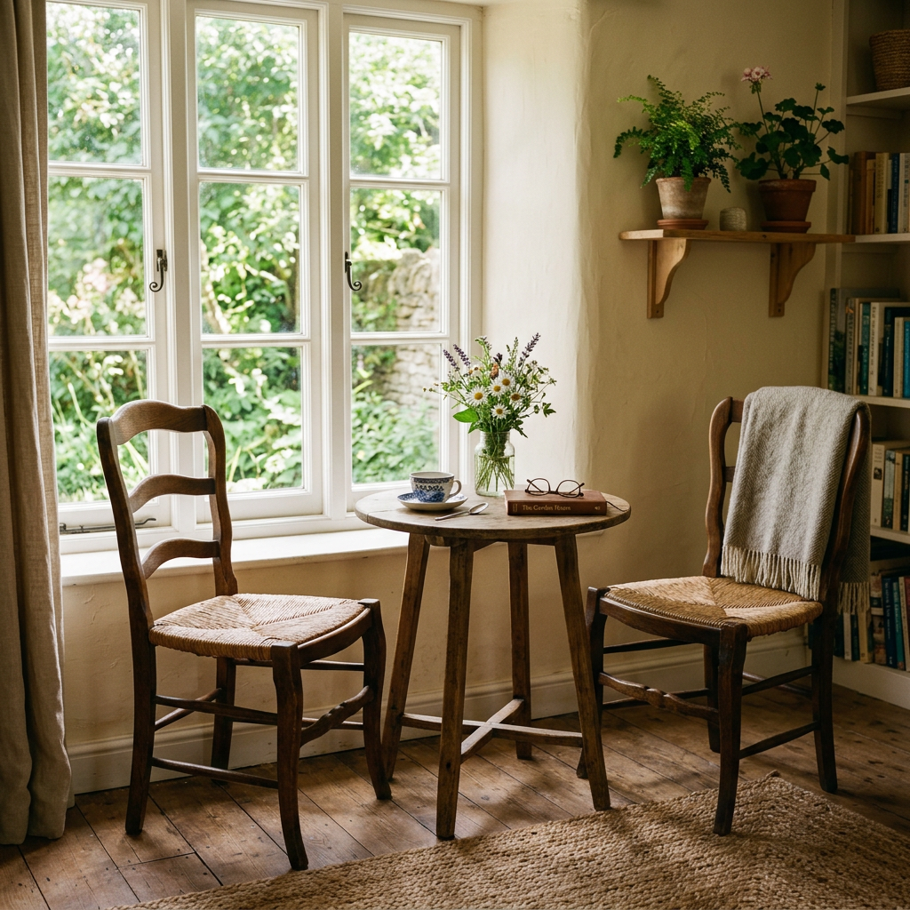 Rustic reading nook with two wooden chairs, a round table with flowers, book, and glasses by a window