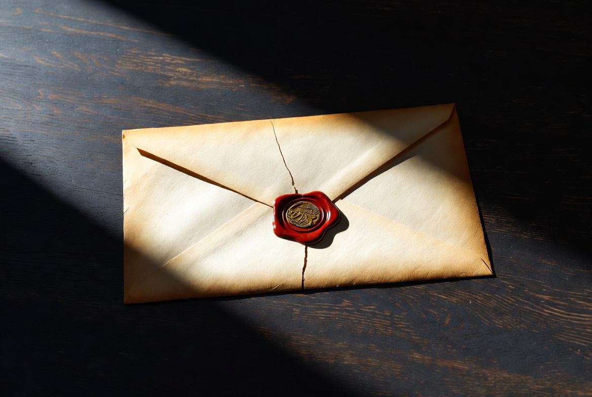 Aged ivory legal envelope with a cracked red wax seal, lying flat on a dark wooden surface under dramatic side lighting.